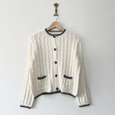 Marks & Spencer Cable Knit Cardigan Size M Slouch Cream Whipstitch Trim Minimal