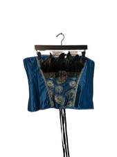 Peacock Feather Corset Top Blue Satin Embroidered Lace-Up 2x-3x 44in bust corset