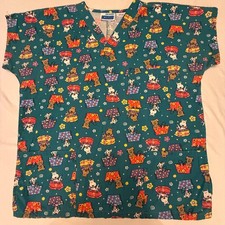 MHD Scrubs Uniform Top Dark Green w/Traveling Puppies/Gifts Medium Preown X-41