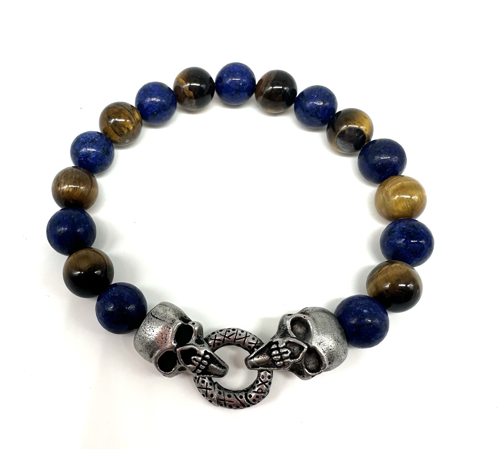 Bain Miller Lapis,Tiger's Eye Beaded, Silver Tone Skull Men Bracelet-8.5