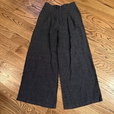 Halston Pants Women 100% Linen Wide Leg Gray Black Pockets Size 4