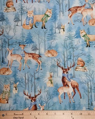 Cotton Woodland Wonderland Wildlife Snow Deer Fox Fabric Print by Yard D402.94