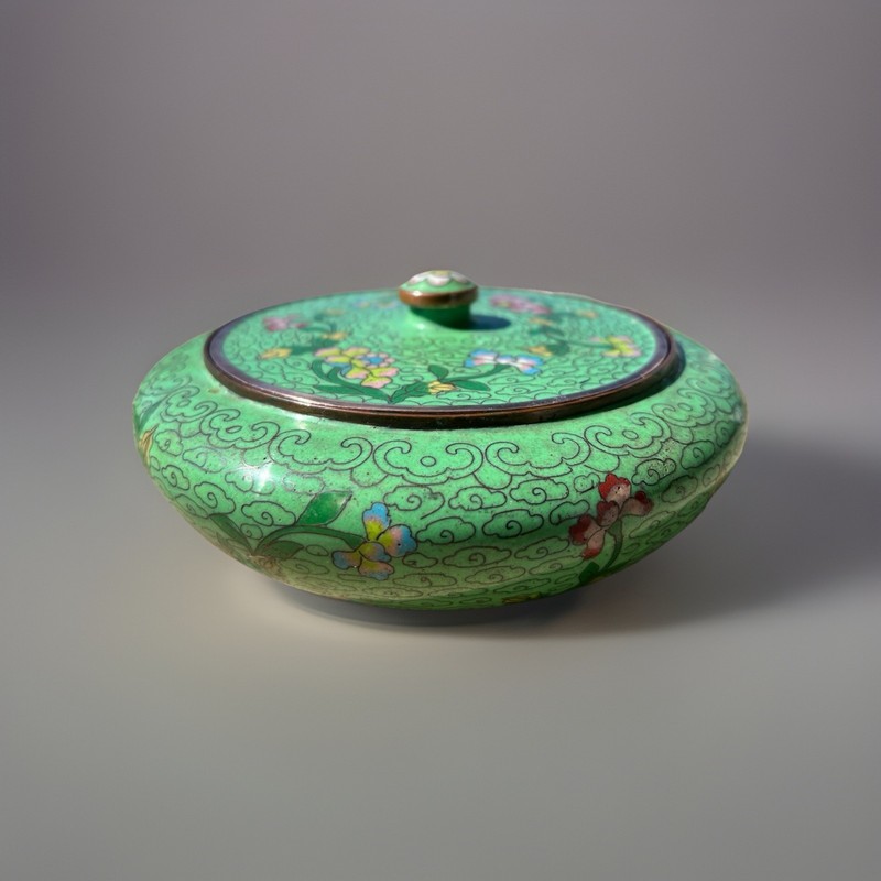 Antique Chinese Cloisonne stacking Box, Jade Green w/ multicolored Floral Design