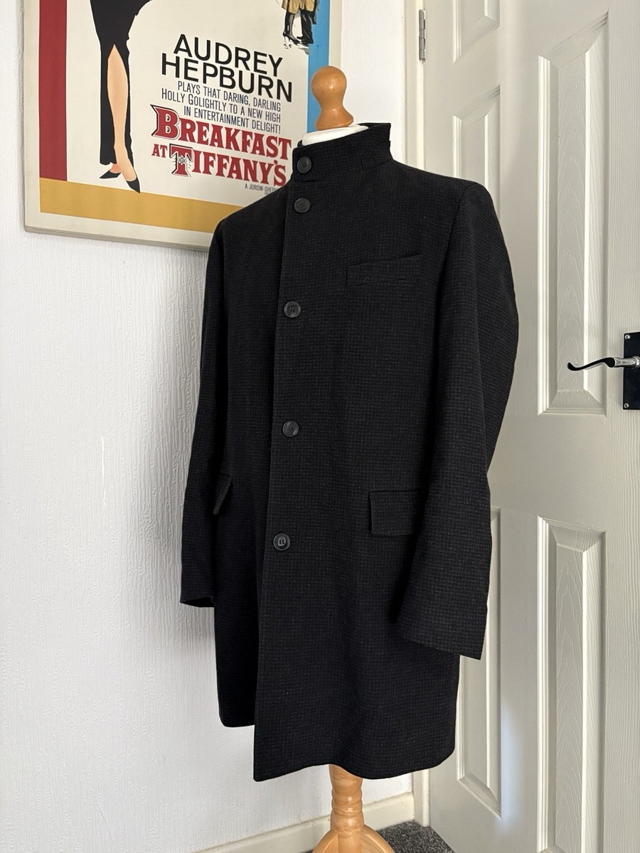 Hugo Boss Mintrax 1841 Overcoat Coat Black Grey Check Funnel Neck