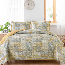 Yellow Boho Quilt Set King Size 3 Pieces Grey and Yellow Plaid Floral Bedding Se