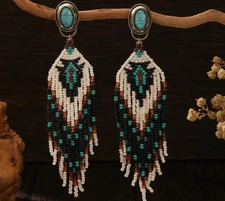 Blue Turquoise Seed Bead Earrings Gold Drop Dangle stud Earrings
