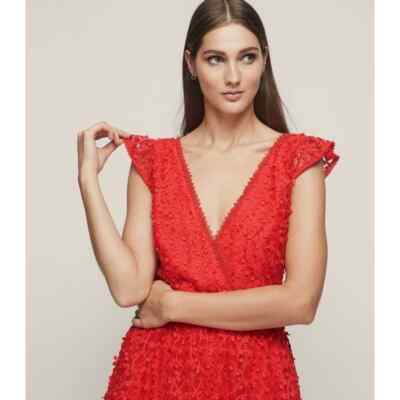 Reiss Abrianna Red Lace V-Neck Cap Sleeve Cocktail Dress Size 4 Reiss Abrianna Red Lace V-Neck Cap Sleeve Cocktail Dress Size 4