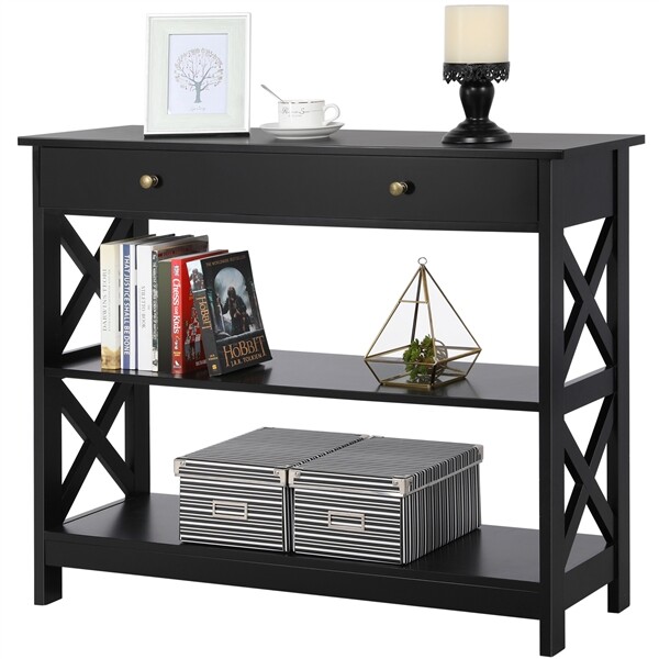 Black Console Table Narrow Wooden Hallway Table with Drawer