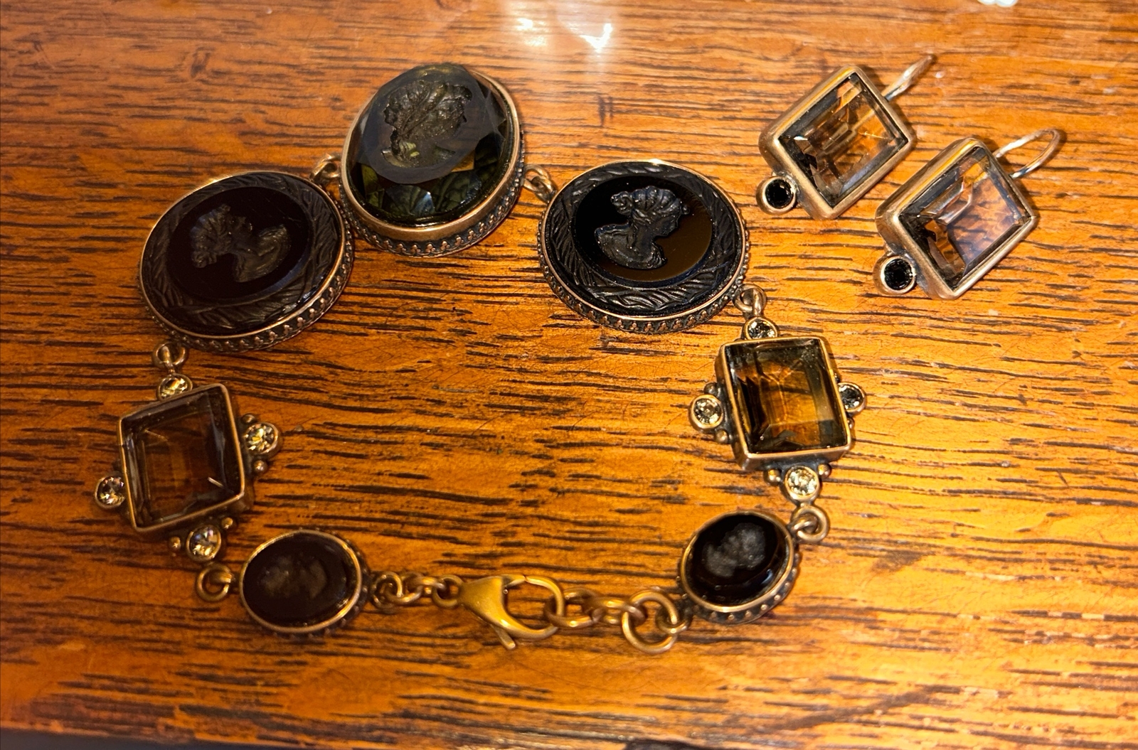 Victorian EXTASIA Bronze Intaglio Glass Bangle Bracelet & Earrings Set