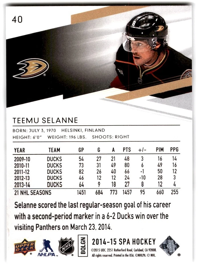 2014-15 SP Authentic Teemu Selanne #40 Anaheim Ducks - Image 2 of 2
