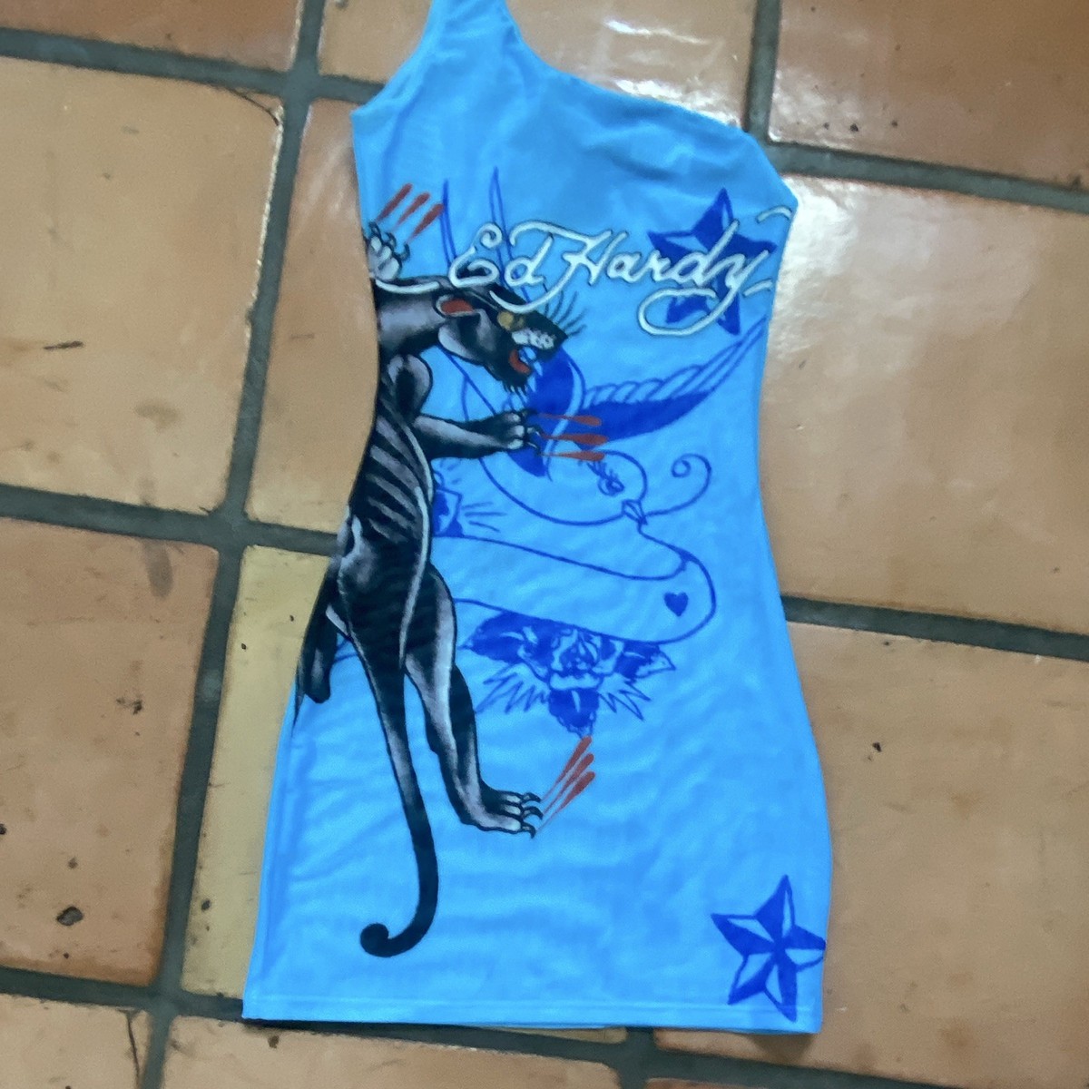 blue ed hardy dress Women's One Shoulder Rhinestone Graphic Print Mini M Ed Hardy Heart Cross wednesday black bodycon dress with Size:Belt- 60