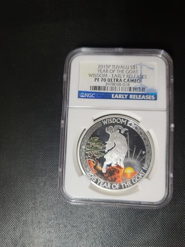 2015 Tuvalu S$1 Lunar Goat Wisdom 1oz Silver Colorized Coin NGC PF70 UCM ER