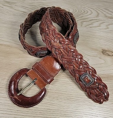 Vintage Brown Braided 2'' Leather Belt Silver Conchos Ginnie Johansen Size L 9245