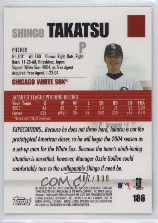 2004 Topps Pristine /999 Shingo Takatsu #186 Rookie RC - Image 2 of 2