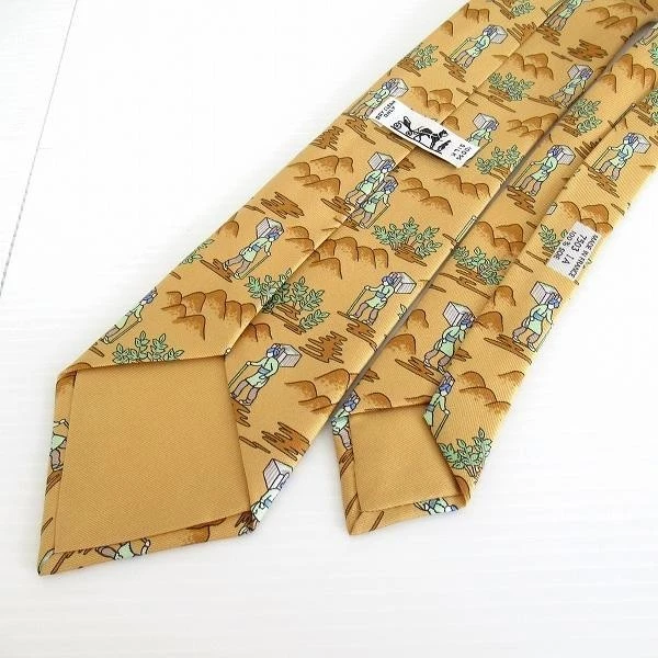 Corbata HERMES Amarillo Marrón Seda Logo vendedor de Japón N0211 46 Hecha en Francia Foto 3 de 4