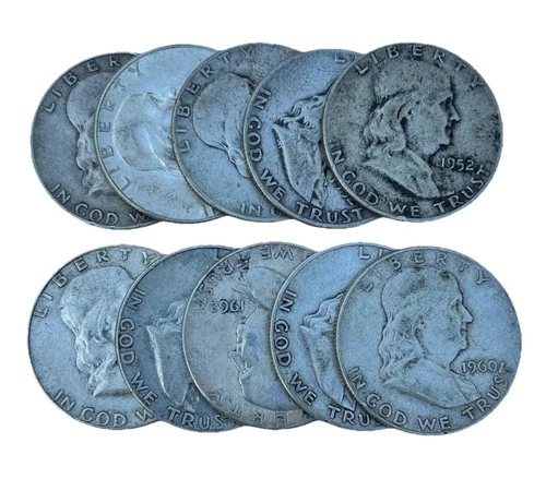 Franklin Half Dollar Lot of 10 (1952-1963) Circulated Coins 90% Silver
