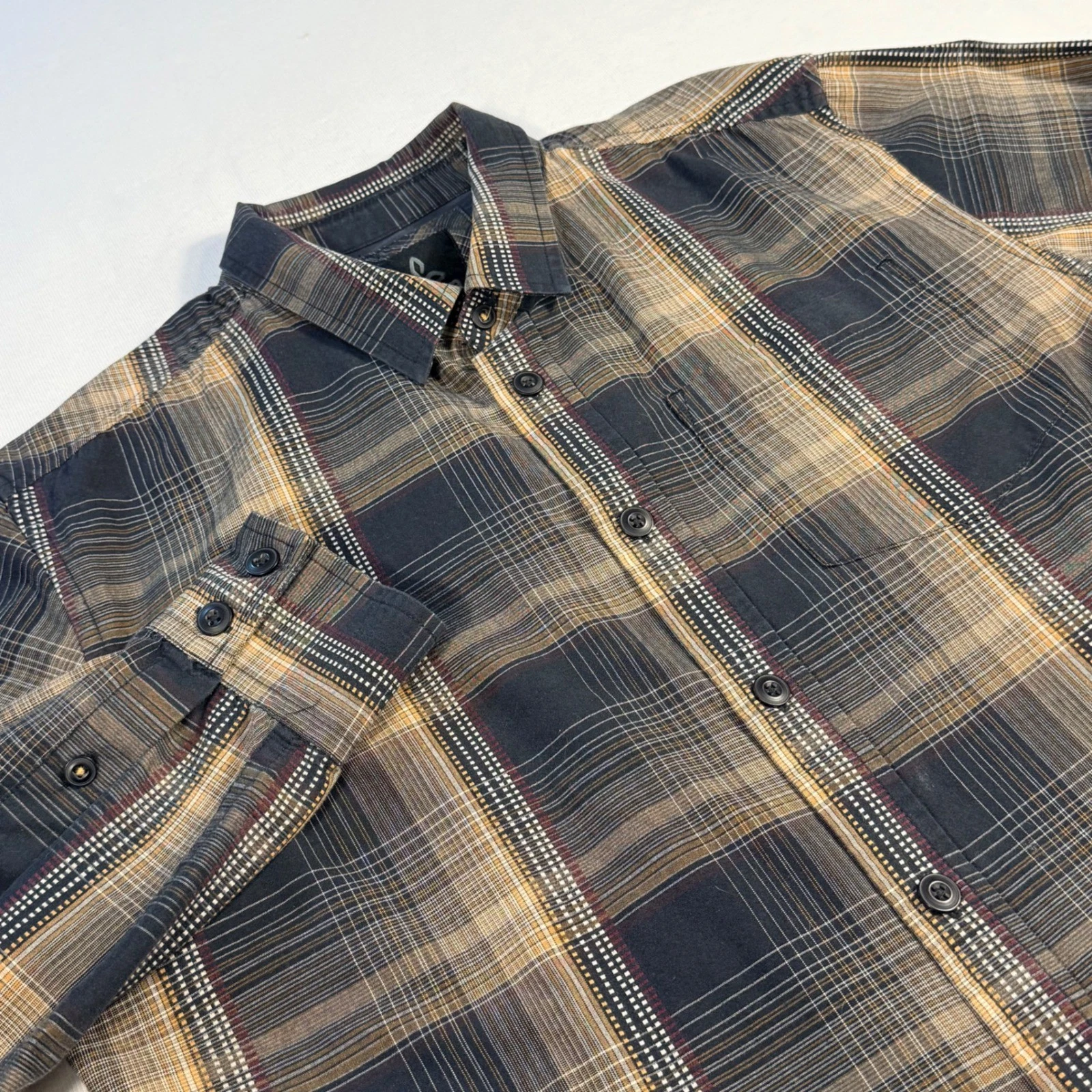 Prana Mens Plaid Button Down Shirt Long Sleeve Black Tan Brown Size Medium
