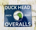 VINTAGE DUCK HEAD UNION MADE OVERALLS GASOLINE OIL PORCELAIN GAS STATION SIGN