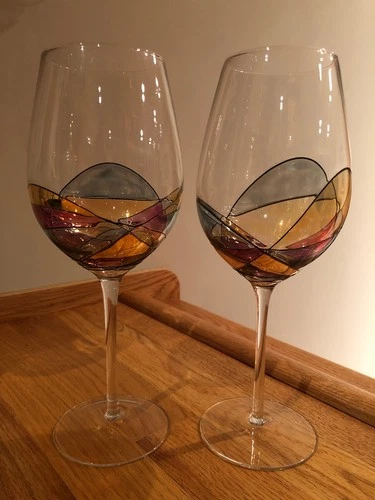 Cornet Barcelona Sagrada Hand Painted Crystal Clear Water / Wine Goblets ~ S2