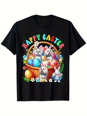 Happy Easter Dog TShirt Cute Puppy Easter Bunny Basket Graphic Tee Holiday Shirt