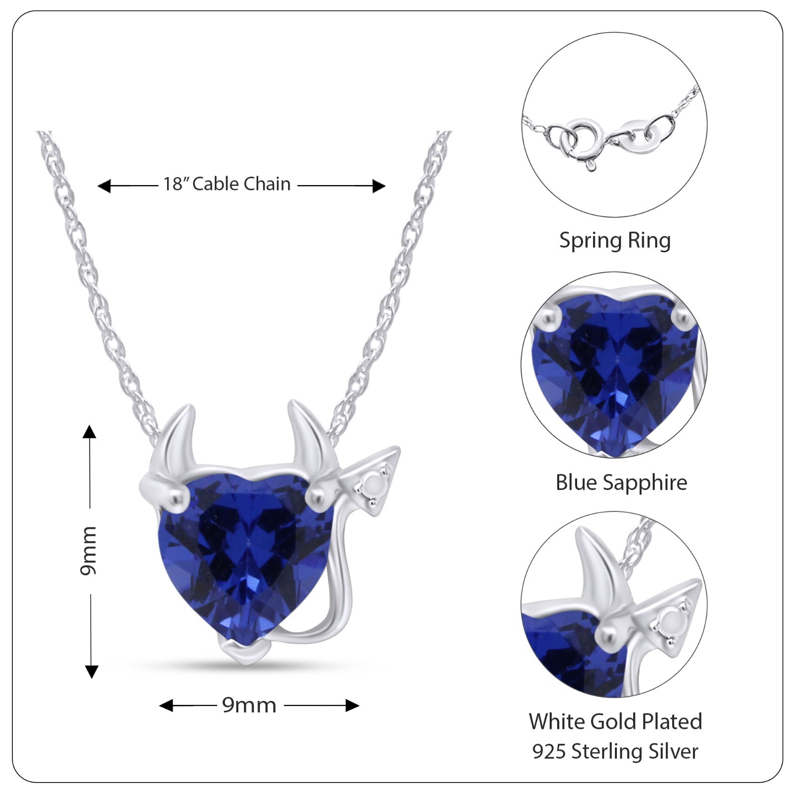 Devil Heart Pendant Necklace Simulated Blue Sapphire in 925