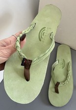 Rainbow Flirty Braidy Single Layer Leather Flip Flops Sandals in Mint XL 8.5-9.5