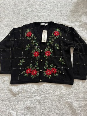 B.P. Designs Black Cardigan Beaded Sweater CHRISTMAS Poinsettias Large NWT