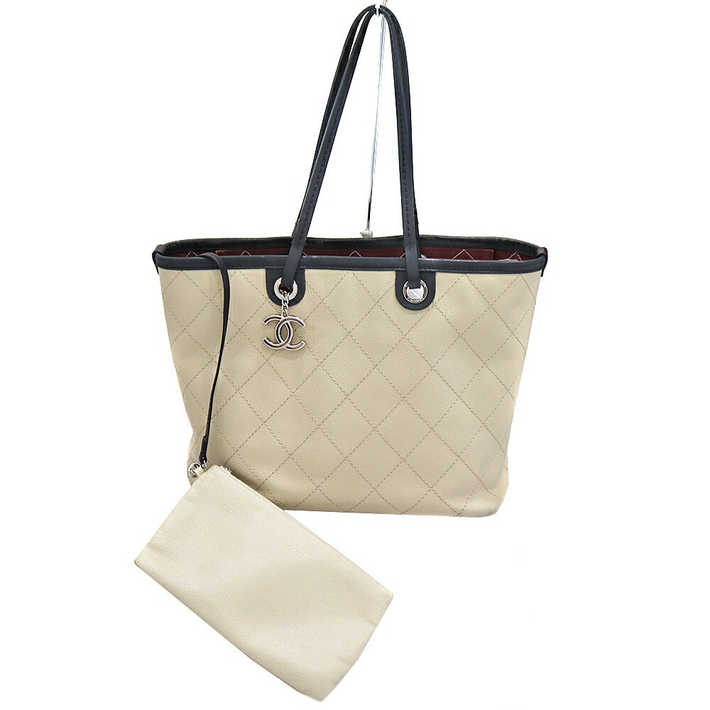 CHANEL A92211 Black Beige Leather On The Road Tote Bag