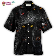 Halloween Black Cat In The Dark Hawaiian Shirt  Trendy Aloha