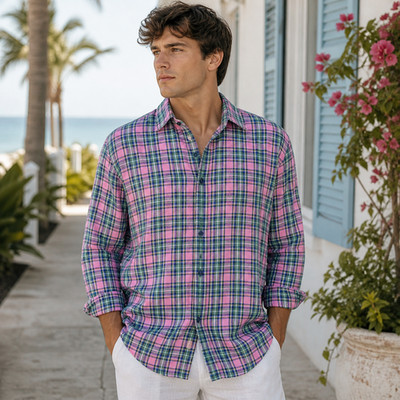 Jared Lang Mens Linen Shirt  XL Pink Plaid Button Up Coastal Altered to size L