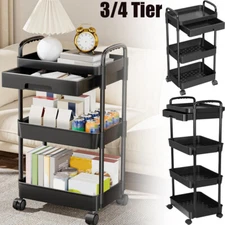 Rolling Cart with Wooden Tabletop, 3/4 Tier Metal Utility Cart, Rolling Storage