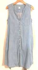 Gap Cotton Denim V-Neck Dress Blue Sleeveless Button Up Lightweight Size S Tall