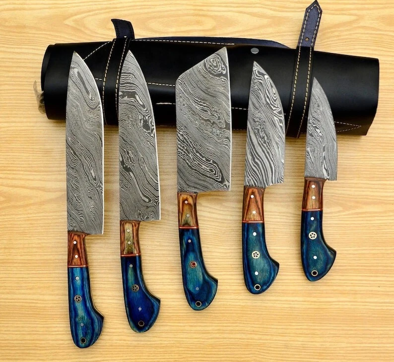 Handmade Damascus Chef set Of 5pcs With Leather,,,,,Newly Design