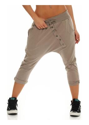 Damen Sweathose kurz mit Knopfleiste Freizeithose Capri Pant 8015