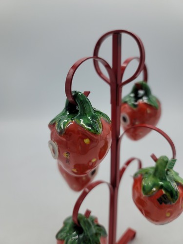 Vintage 5 Individual Hanging Strawberry Salt Pepper Shakers RED Stand Spice Rack - Picture 3 of 11