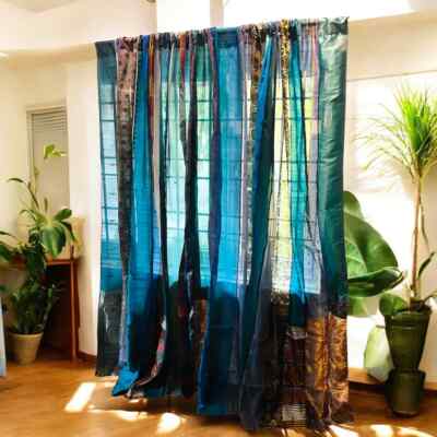 2 Pc Indian Old Recycle Silk Saree Boho Multi Curtain Door Drape Decor Curtain