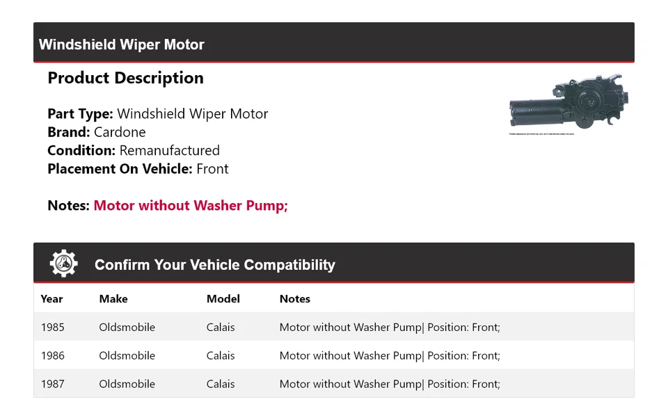 Para 1985-1987 Oldsmobile Calais Limpiaparabrisas Motor Delantero Cardone 1986 Foto 2 de 4