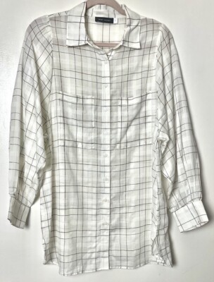 MINT VELVET White Sparkle Check Plaid Cotton Oversized Shirt Top Size S UK 8 10