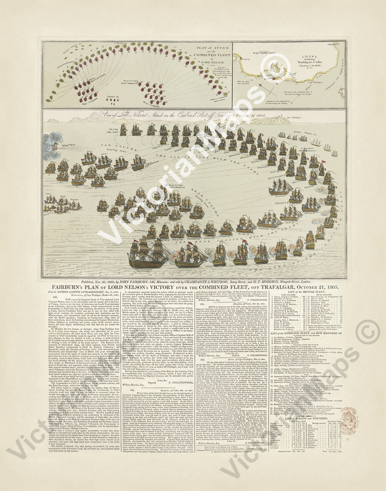broadside print Fairburn's plan map Trafalgar Battle 1805 Admiral Nelson Victory