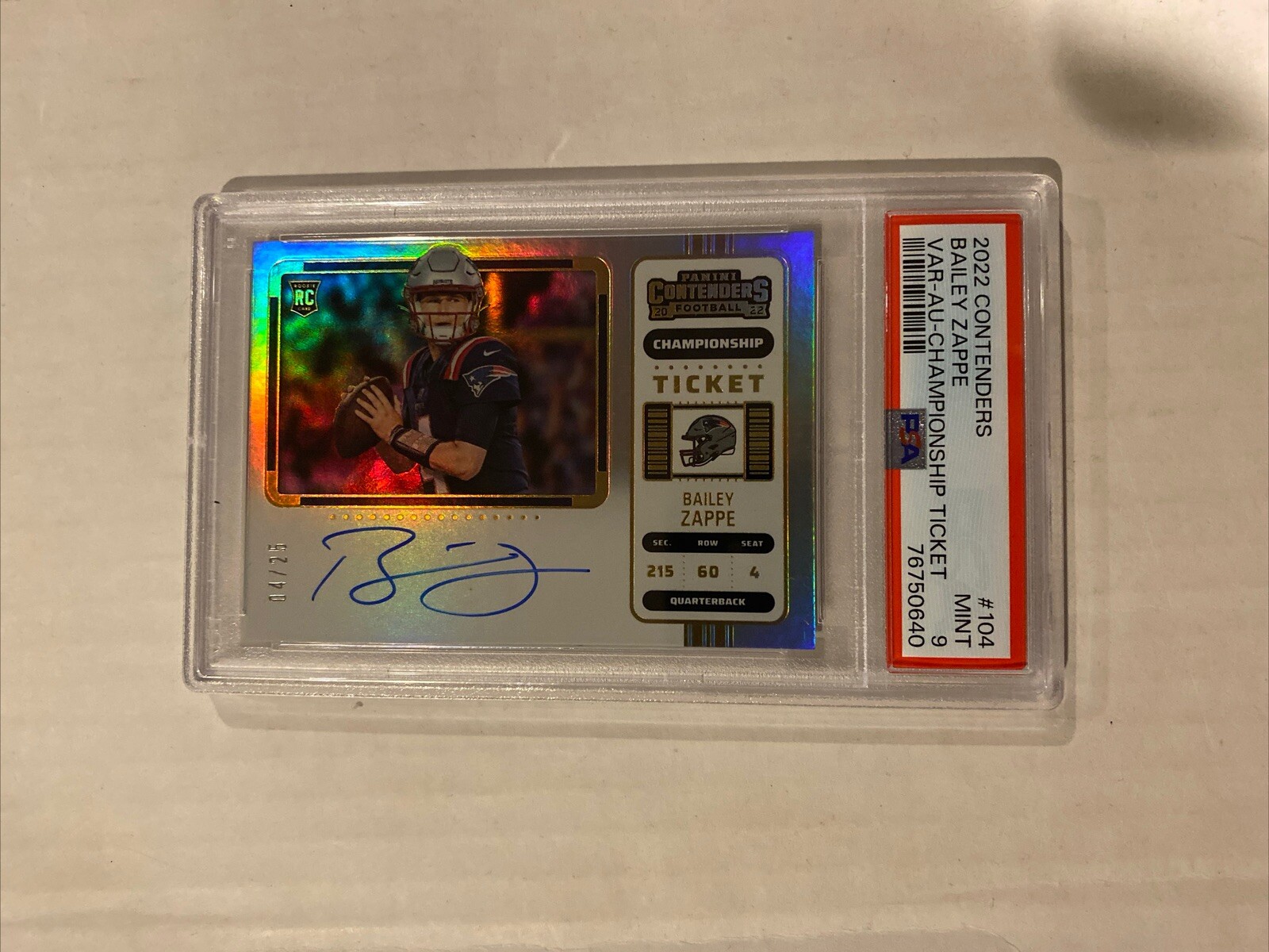 2022 Contenders Bailey Zappe Championship VAR. Ticket Auto Jersey #d 4/25 PSA 9