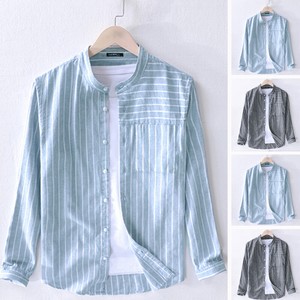 Mens-Long-Sleeve-Striped-Shirt-Formal-Button-Down-Collarless-T-Shirt-Blouse-Top