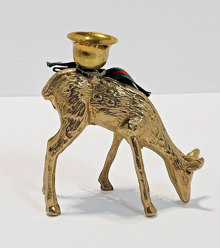 Vintage Brass Deer MCM Buck Stag Doe Candle Holder Pair with Christmas Winter - Picture 13 of 21