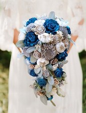 Dark Teal Bridal Bouquet Emerald Blue Grey Sola Wood Cascade Wedding Flowers