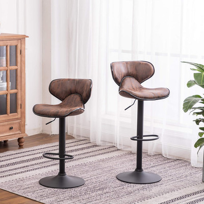 Set of 2 Masaccio Adjustable Swivel Barstools with Chrome Base in Brown Upholste