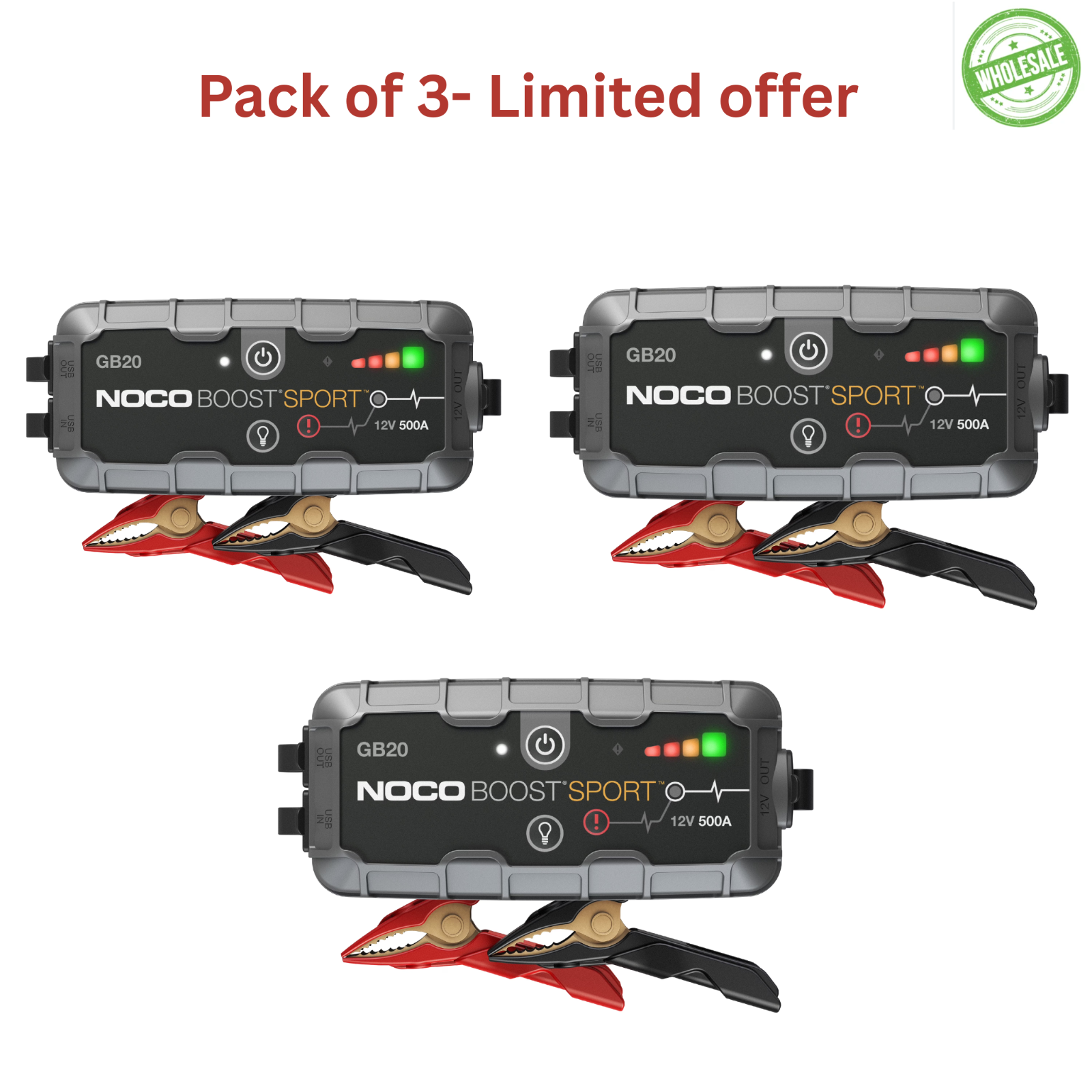 3 NOCO Boost Sport GB20 500A 12V UltraSafe Portable Lithium Battery Jump Starter
