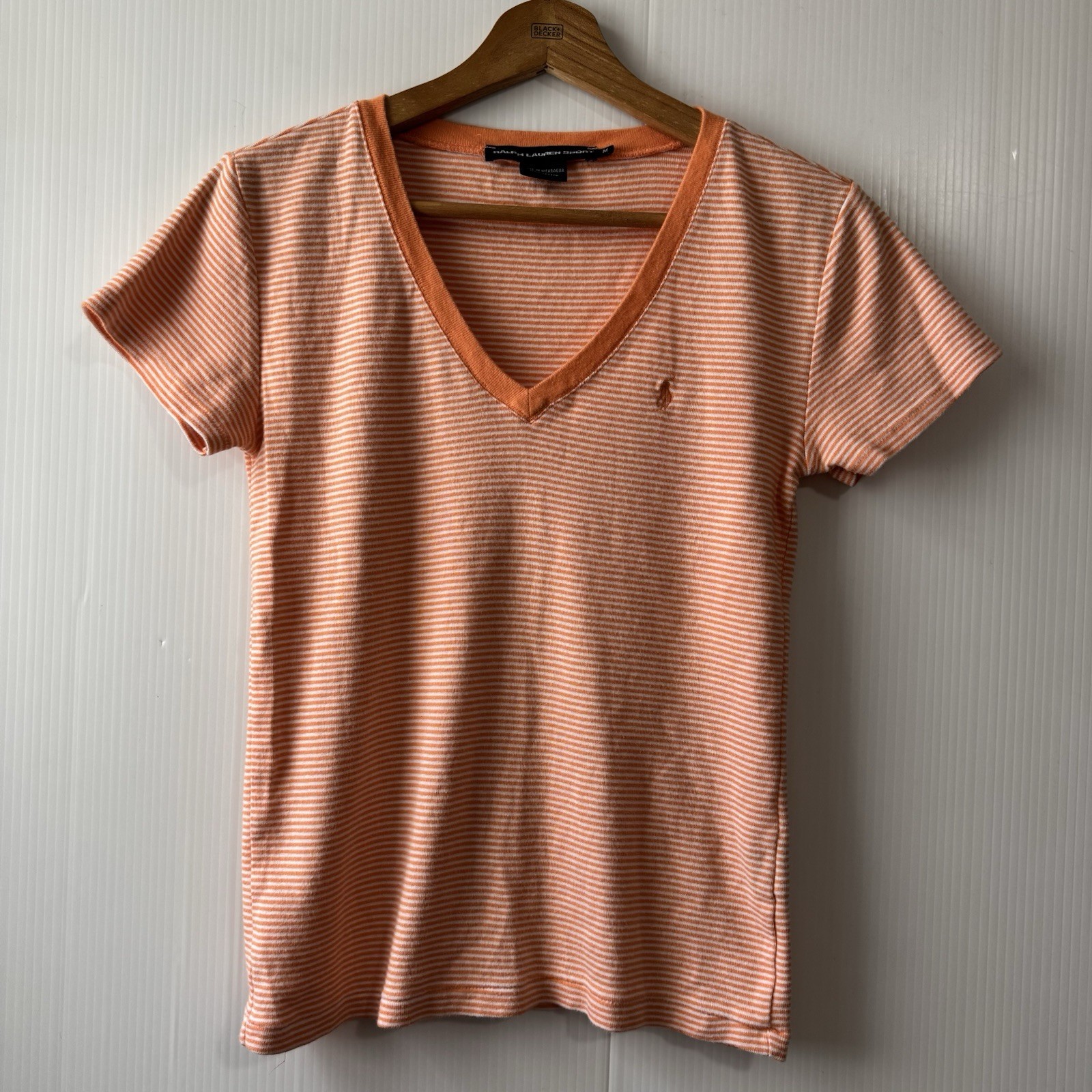 Ralph Lauren Sport Orange White Striped V Neck Short Sleeve Cotton Tee Shirt-M