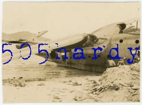 WWII US GI Photo - Martin PBM Mariner Flying Boat Crash Landed Shima Okinawa