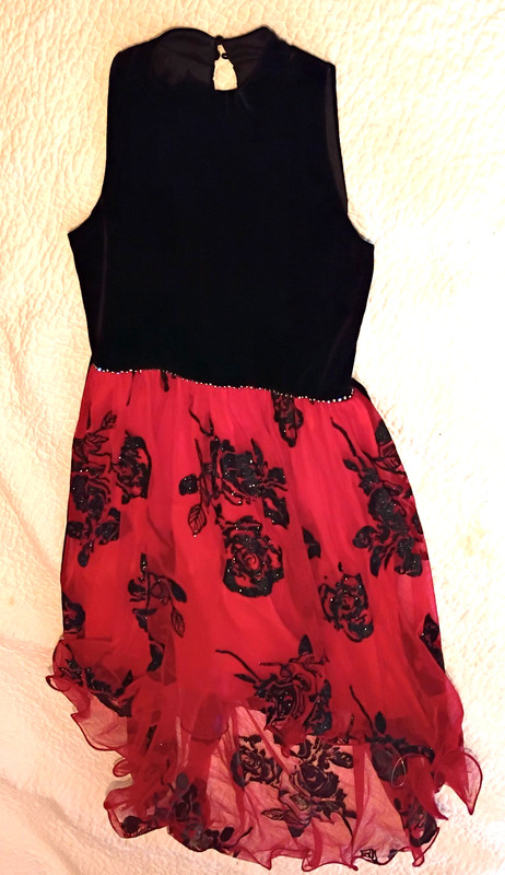 Preteen girl size 12 formal dress, black velvet top, red mesh hi-low skirt