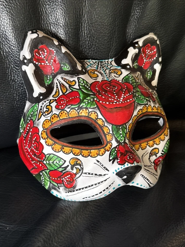 Day of the Dead Dia de los Muertos Cat Costume Masquerade Mask [Red] - Image 2 of 4