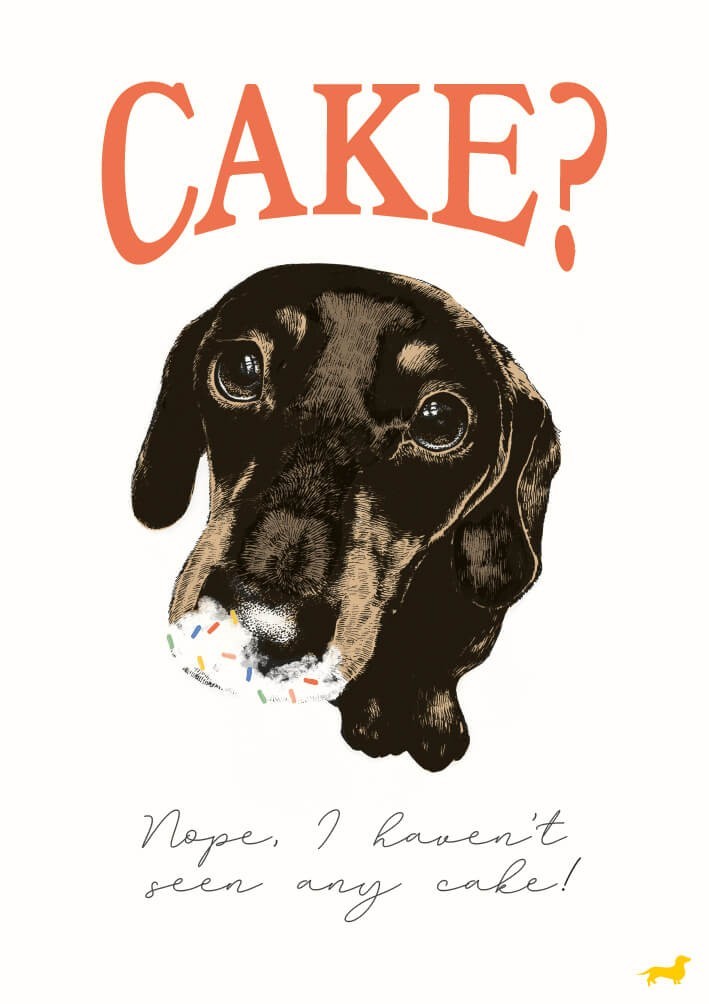Cute Birthday Card Sausage Dog Dachshund Cake - Fun Design Greeting Card